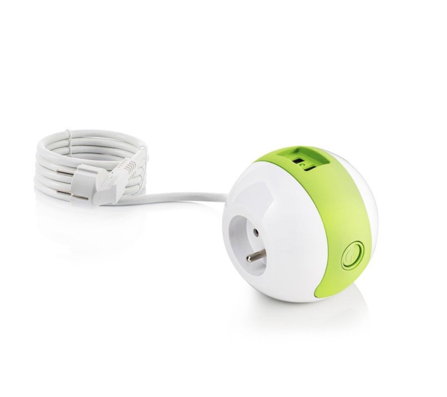Multiprise design compacte et mobile WATT'BALL blanc/vert anis