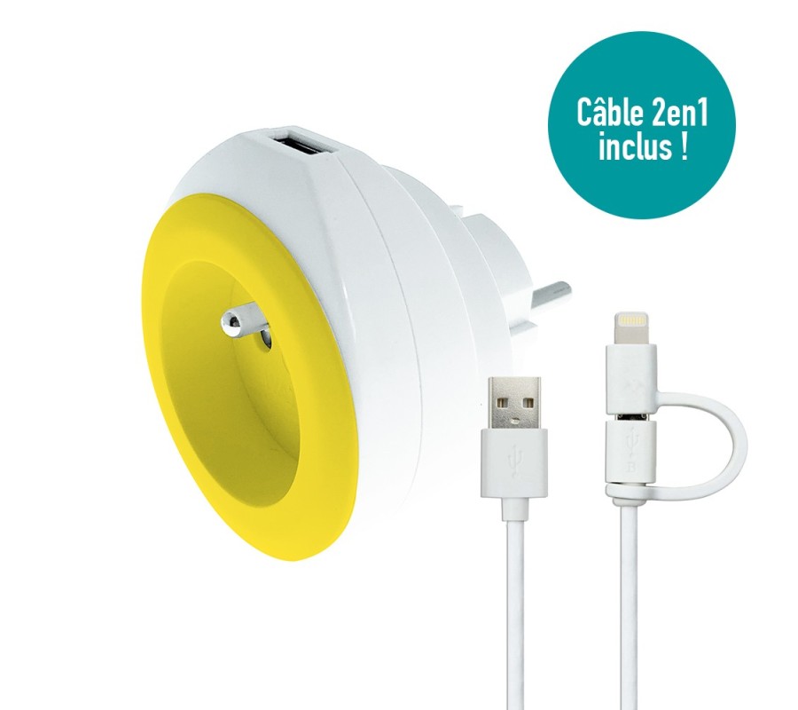 PRISE AVEC PORT USB REVERSIBLE BEWATT BLANC/BLEU